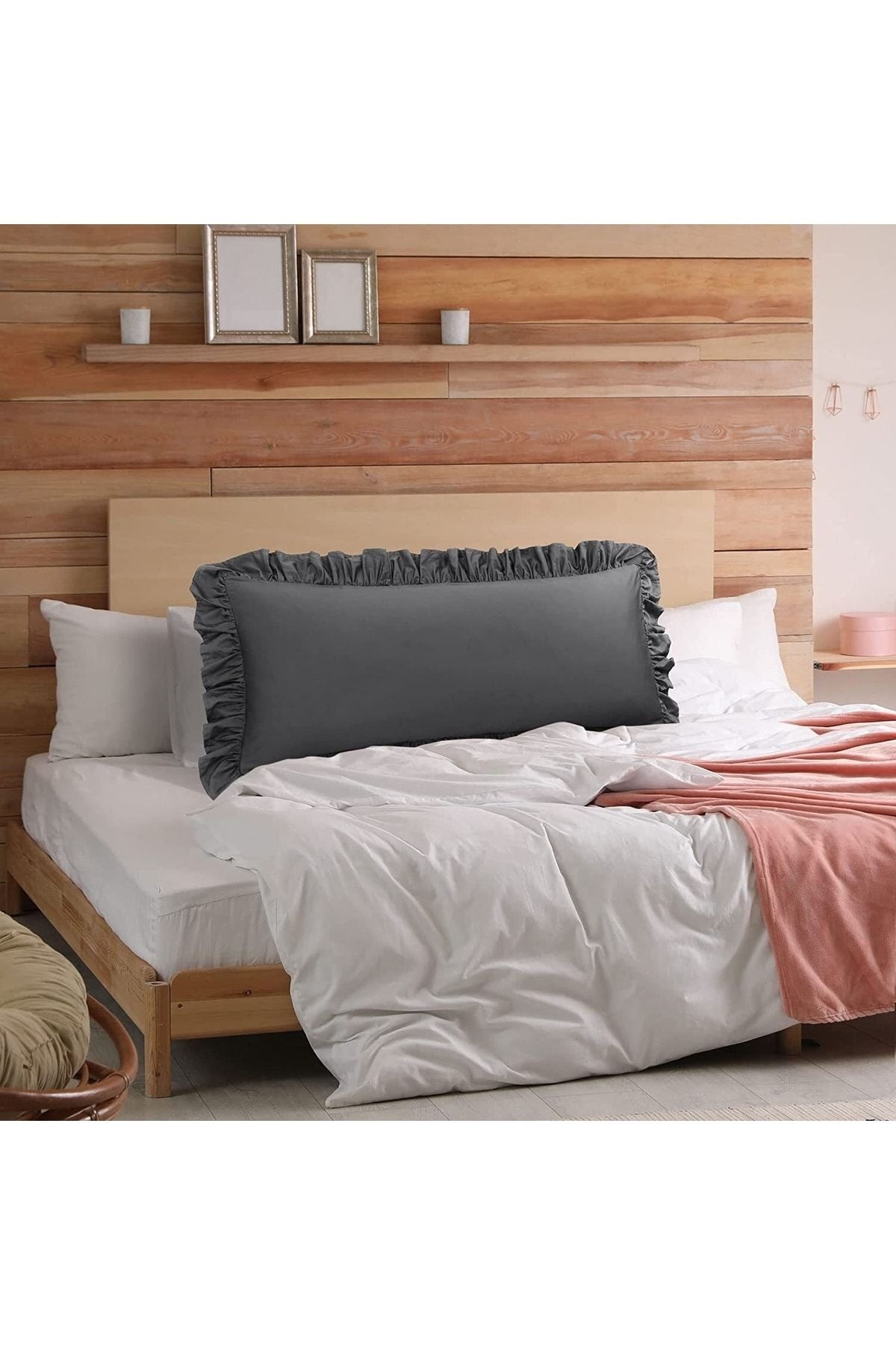 Natural %100 Pamuklu Fırfır Decor Uzun Yastık Kılıfı 50x135cm Hamile Yastığı Gri Renk 1 Adet