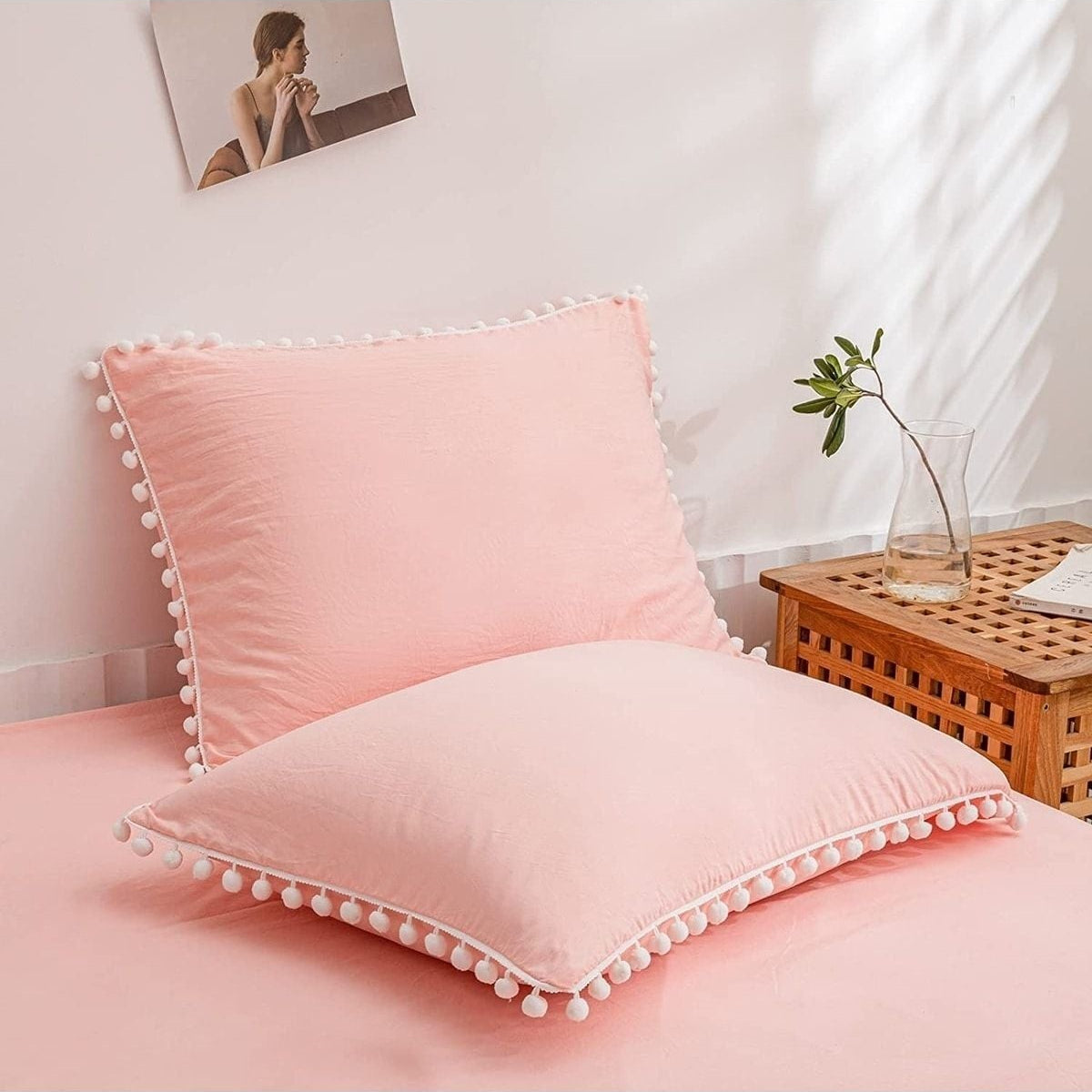 %100 Pamuklu Beyaz Ponpon Kenarlı Decor 50x70 Cm 2 Adet Yastık Kılıfı