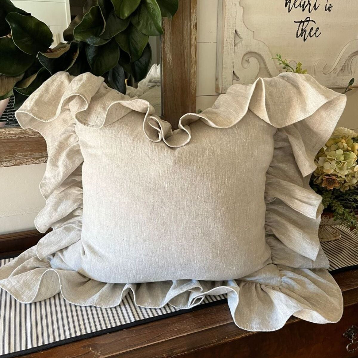 %100 Pamuklu Ham Keten Fırfırlı Vintage Kırlent Kılıfı 43x43 cm