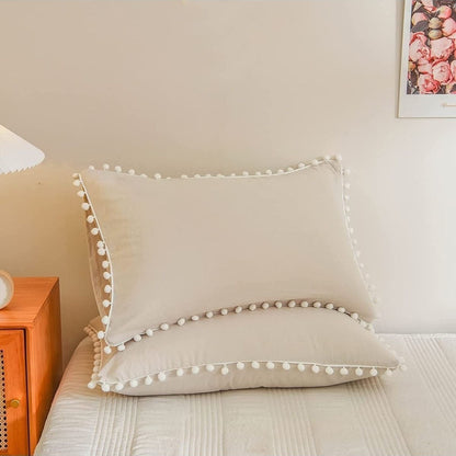 %100 Pamuklu Beyaz Ponpon Kenarlı Decor 50x70 Cm 2 Adet Yastık Kılıfı