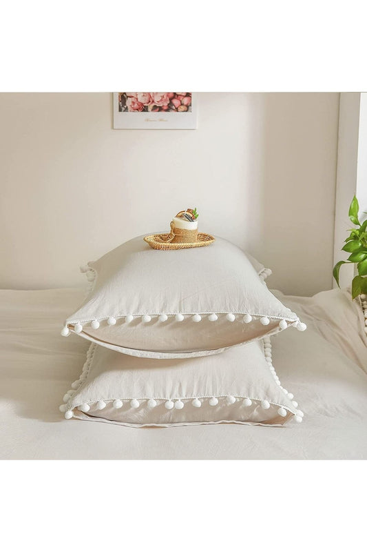%100 Pamuklu Beyaz Ponpon Kenarlı Decor 50x70 Cm 2 Adet Yastık Kılıfı