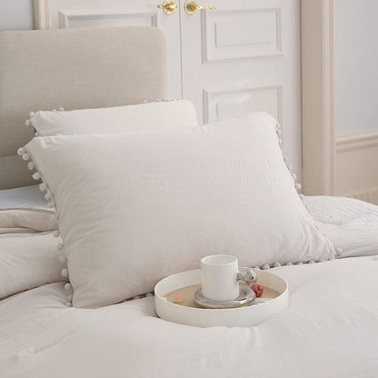%100 Pamuklu Beyaz Ponpon Kenarlı Decor 50x70 Cm 2 Adet Yastık Kılıfı